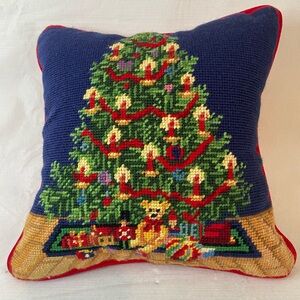 Vintage Christmas Needlepoint Pillow Christmas Tree w/Gifts  12” Sq Velvet Back
